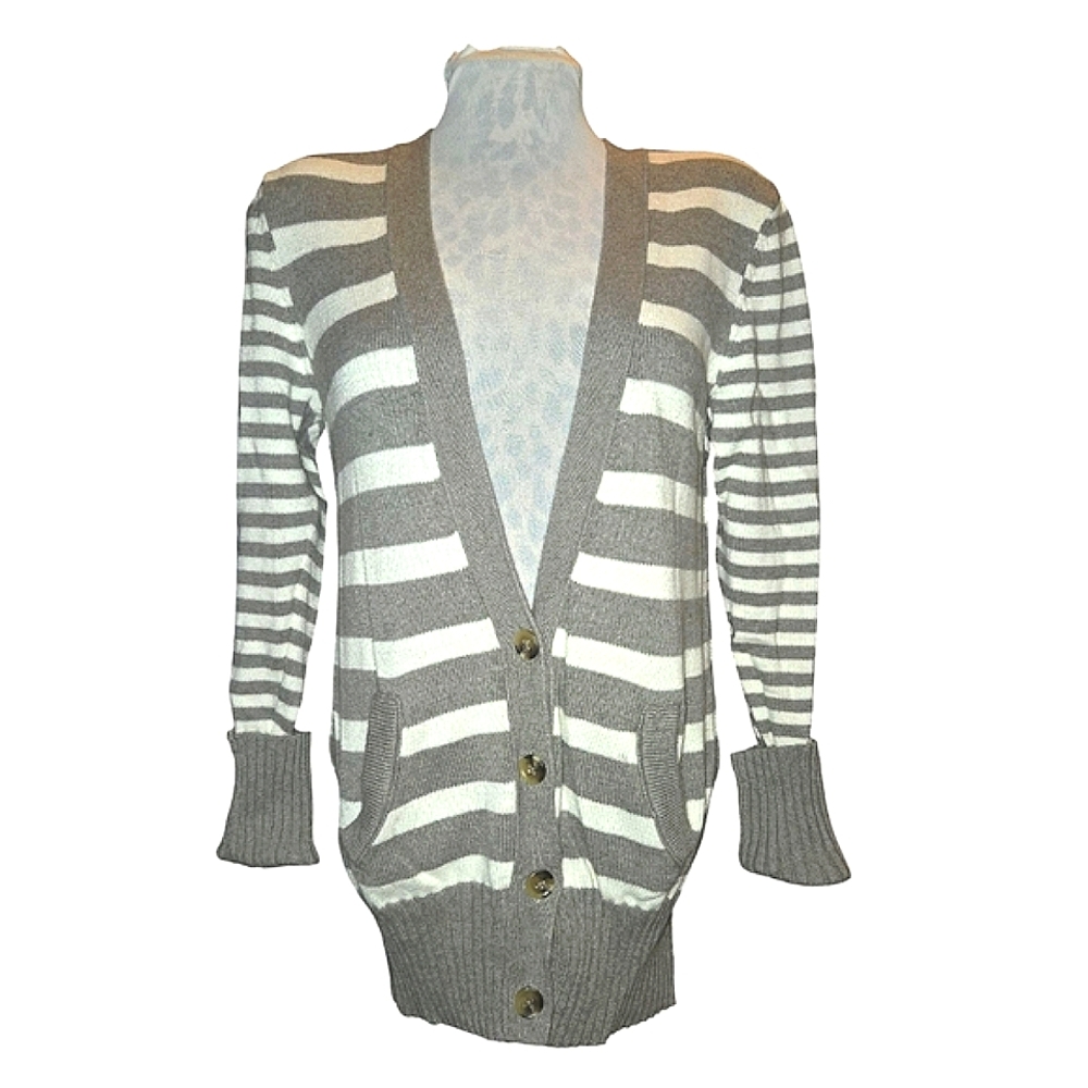 American Eagle Gray & White Striped Cotton &‎ Wool Deep V-Neck Cardigan Size L